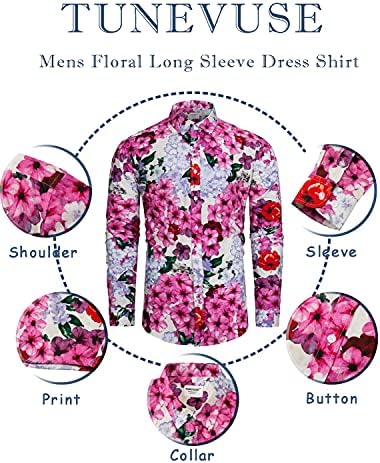 TUNEVUSE Mens de manga comprida camisa floral camisa florida Padrão de impressão de botão para baixo camisetas