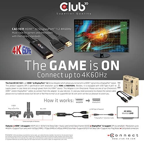 Club 3d 4k 60Hz HDMI para exibir o adaptador de vídeo com potência USB - HDMI 2.0 para DP 1.2 Converter de monitor ativo