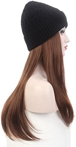 Ganfanren Ladies Hair Hat Chaping Um chapéu de malha preto com peruca longa cabelo liso Chapéu de peruca marrom um