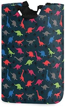 Yyzzh dinossauro colorido com padrões de impressão de pata de besta em bolsa de cesta de lavanderia grande escura para cesta de cesta de cesta de poliéster colapsável cesto de roupa dobrável bolsa dobrável lata de lavar lixo