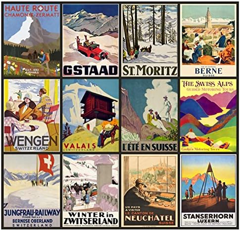 2023 Calendário de parede [12 páginas 8 x12] European Ski Alpine Resort Vintage Travel Poster Sport Ads
