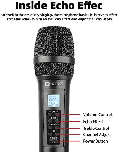 Microfone sem fio, GD Guarda US-88 Pro, microfone com eco, controle de triplos e volume, microfone dinâmico de mão UHF com receptor