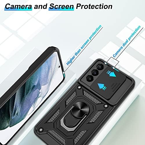 Atump Compatível com o caso Samsung Galaxy S21 Plus com protetor de tela HD com tampa da câmera deslizante, 360 ° Ring Kickstand