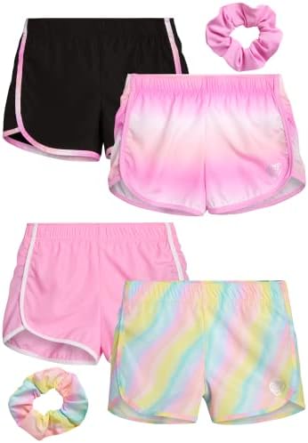 Body Luve Girls 'Shorts - 4 Pack Athletic Performance Dry Fit Dolphin Gym Shorts, Scrunchie