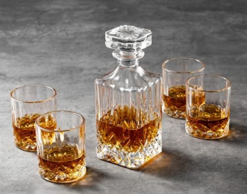 Decanter de uísque do Verolux Conjunto com 4 copos em caixa de presente, presente de aniversário de aniversário exclusivo