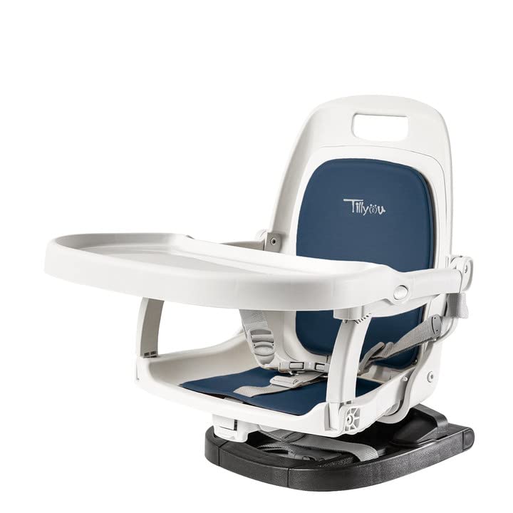 Tillyou Baby Booster Seat com bandeja removível, cadeira alta portátil para mesa de jantar, viajar, cadeira de bebê de altura