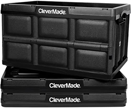 Clevermade 62L Bins de armazenamento dobrável - dobrar caixas de utilitário empilhável plástico, 3 pacote, preto e inteligente