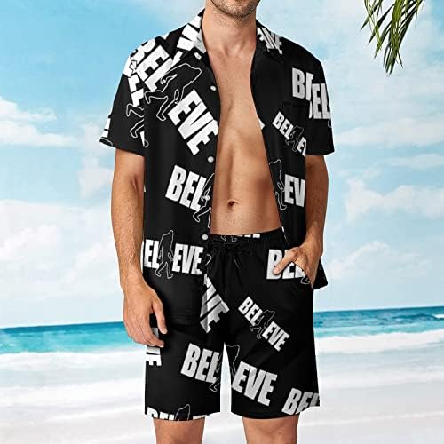 Baikutouan acredita em Bigfoot masculino masculino de camisa havaiana traje casual botão solto no topo e roupas de férias de curta -metragem de praia