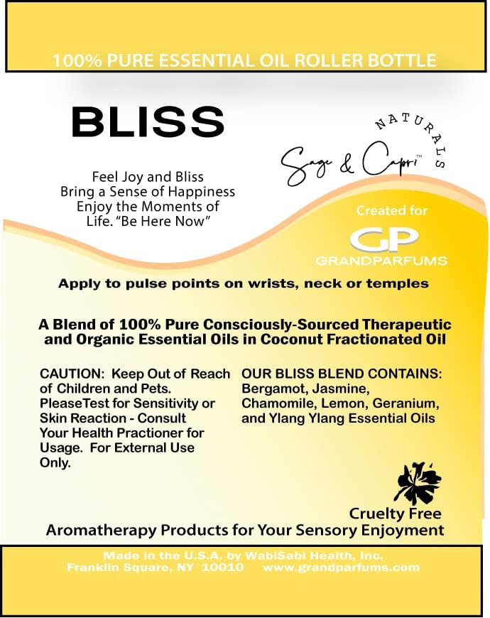 Bliss Essential Oil Blend Roll on para felicidade, calma, felicidade, desistido e apoio emocional, com limão, ylang-ylang,