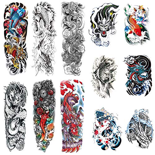 Tattoos temporário de manga completa tema de peixe do dragão, peixes falsos dragão de tatuagens de meio braço e mangas de tatuagem de braço completo extra grande para homens, mulheres, 12 folhas