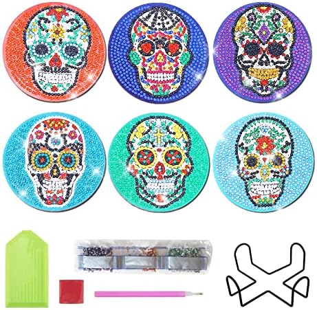 CASTMILE 6 PCS Skull Diamond Coasters Kits Kits Diy Sugar Skull Diamond Coasters com titular Skorton Flower Diamond Painting Coasters para iniciantes adultos e suprimentos de artesanato de arte infantil