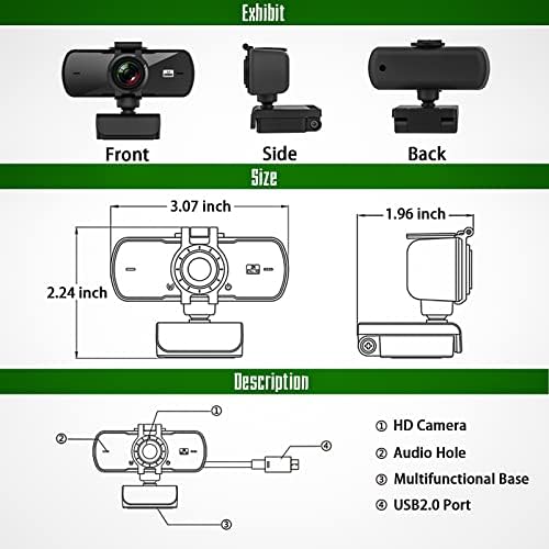 2K HD Webcam, Webcam HD FULL com microfone, 360 ° Ajustável e AF, com cobertura de privacidade, plug and play, câmera de computador