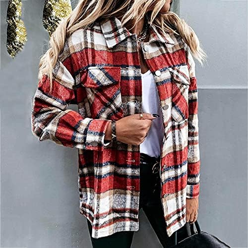 Bloco de colorido de outono feminino Plaid Shacket Jacket Button Button Down Doula Tops Camisetas de tamanho grande de inverno