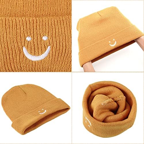 Coume 4 peças knit giretas chapéu para mulheres mensagens inverno sorriso rosto chapéus de gorro bordados acrílico de inverno macio chapéus quentes de sorriso elástico chapéus de gorro, 4 cores, tamanho único