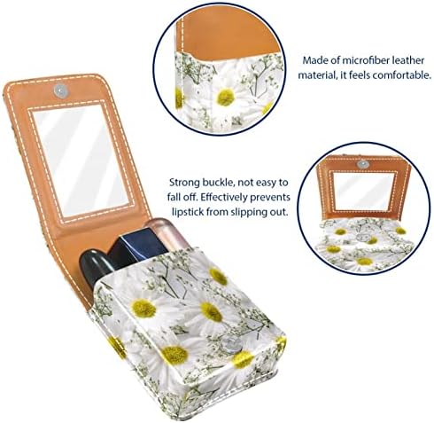 Composição de margaridas pequenas estojos de batom com espelho para bolsa, suporte de maquiagem cosmética de couro durável,