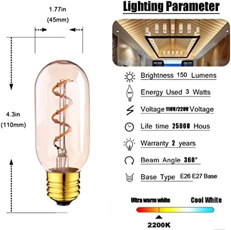 KVN Brands liderou lâmpadas Edison 4 pacote 3W Bulbos de edon vintage 40W LED equivalente LED Bulbo de filamento em espiral,