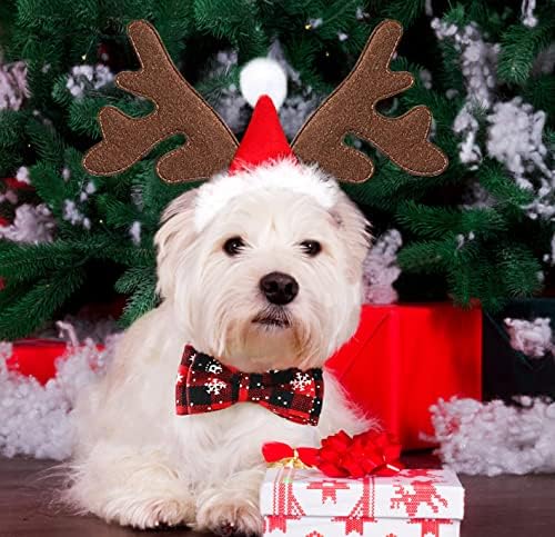 Idepet 3 PCs Cão de cão de Natal Bandanna Bow they colar com rena traje de faixa para a cabeça Xmas Pet Pet -Plaid Triangle Bibs