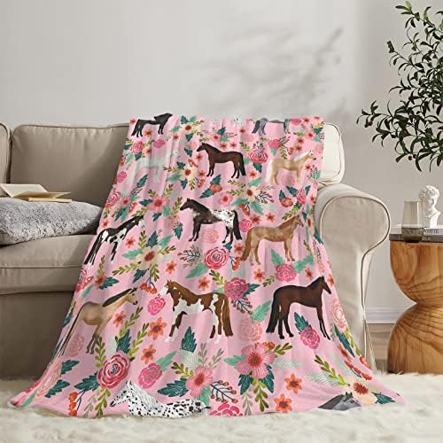 Presente de cobertor de cavalo para meninas mulheres Cavalas de animais fofas Flores de velo Flanela Cobertoras de arremesso macio
