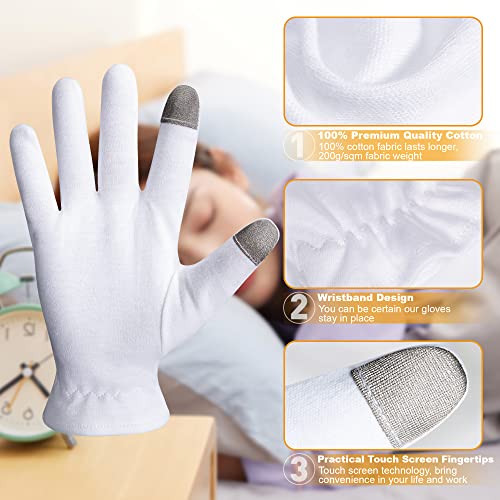 Mnopq algodão hidratante luvas, luvas de algodão branco durante a noite para dormir para mãos hidratantes, eczema | Tela de toque, pulseira e bolsa de lavagem, 4 pares pequenos