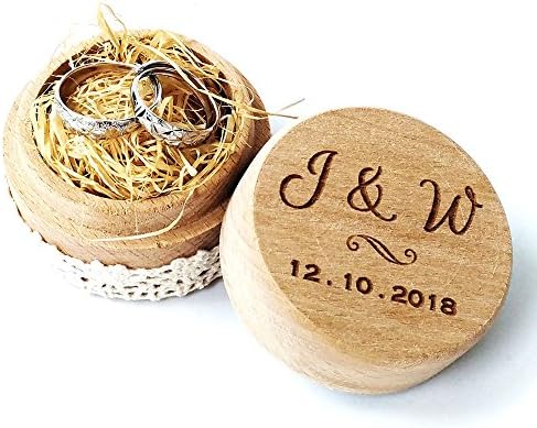 Aguarde a caixa de portador de anel de madeira personalizada, caixa de anel de noivado personalizada, nome e data de grava