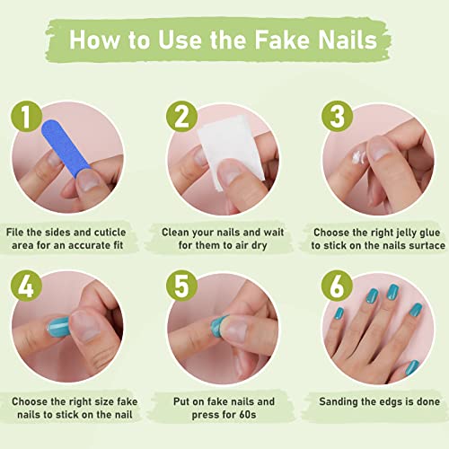 Pressione as unhas quadradas curtas, gel de gel macio verde unhas falsas para mulheres ajustadas e natural, stick on