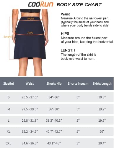 Saias de Skorts Athletics de Coorun para mulheres Saias de tênis de joelho elástico construídas em shorts