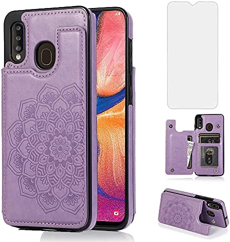 NKECXKJ Design para o estojo Samsung Galaxy A20S com titular de cartão de crédito de protetor de tela de vidro temperado, capa de proteção contra carteira de couro de couro para o galáxia A20 A20 Women Purple