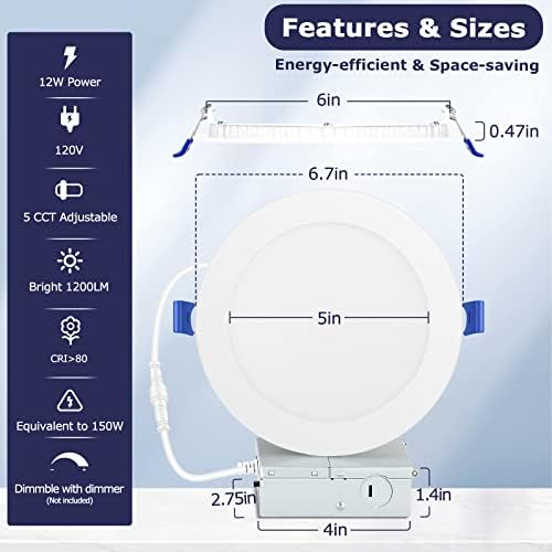 6 polegadas 5ccc Ultra-Thin LED Luz de teto recuado com caixa de junção, 3000K/3500K/4000K/5000K/6500K Selectível,