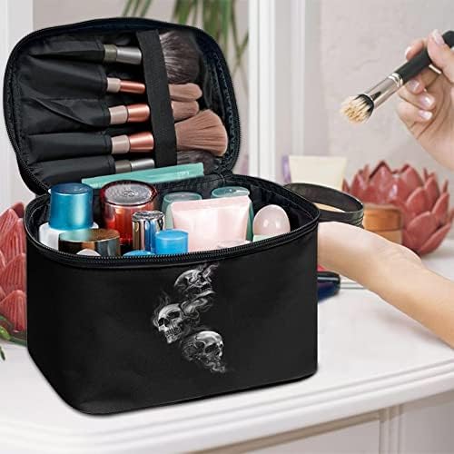 Biyejit Black Skull Print Makeup Bag Organizer com maçaneta e zíper Bolsa de cosméticos para mulheres Caso de viagem portátil Durável