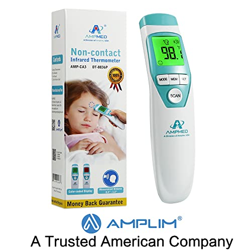 Amplim Hospital Grade Medical Não Contato Termômetro de testa infravermelho clínico para bebês e adultos, azul turquesa