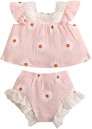 Xbgqasu recém -nascido bebê meninas meninas de verão sem mangas linho linho de algodão margarida floral camisetas tops shorts de tração de roupas de roupas de roupas de roupa definida