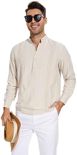 Camisa de linho de algodão masculina de Kellorena Henley de manga longa Campo de camisa de camisa cuba Guayabera Hippie