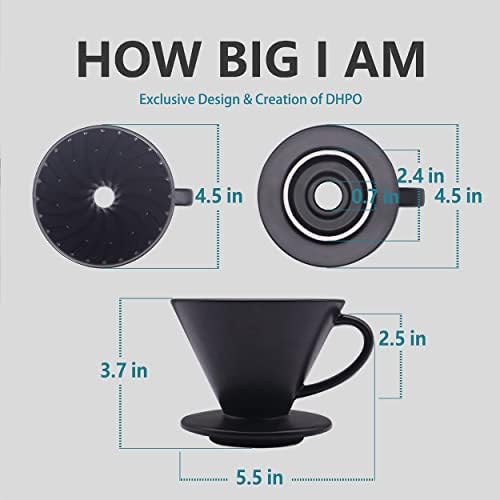 Dhpo derramar sobre o gotejador de café - todo design natural de super cerâmica extrai totalmente sabores intrincados cones de filtro de gotejamento de café para casa, escritório e café, tamanho 02, preto