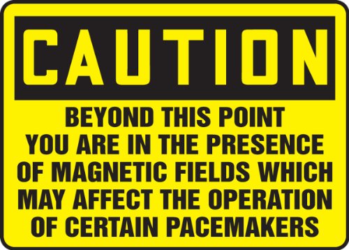 Accuform MRAD615VP PLÁSTICA SILHO, CUIDADO Além desse ponto, você está na presença de campos magnéticos que podem afetar a operação de certos marcapassos, 10 comprimento x 14 largura x 0,055 espessura, preto em amarelo