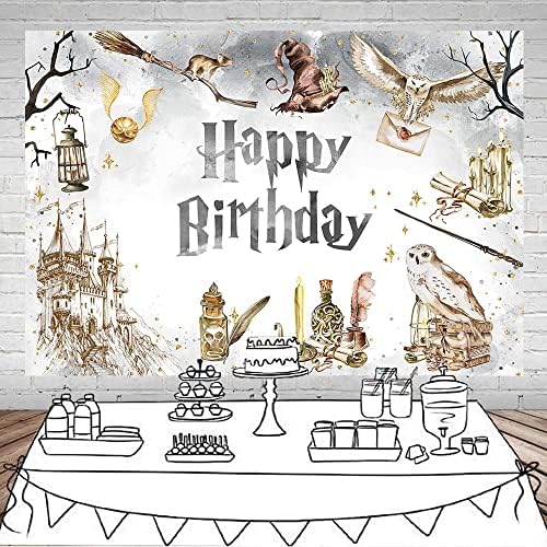 Mocsicka Wizard Birthday Birthday Castle Magical Castle Witch Wizard School School Feliz Aniversário Fotografia Antecedentes Vinil Kids Feitieiro de Feardas de Festas de Festa de Bolo de Bolo de Tabel