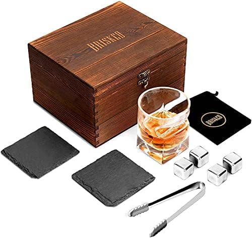 Presente de vidro de uísque com caixa de madeira, pedras de uísque e montanhas -russas de pedra. Bourbon & Scotch Gifts