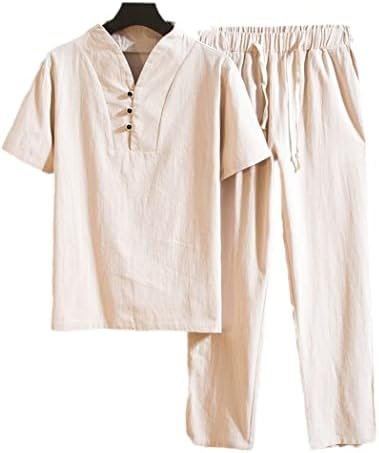 T-shirt de manga curta de linho de algodão masculina+calça de calça de comprimento de tornozelo+calça de calça
