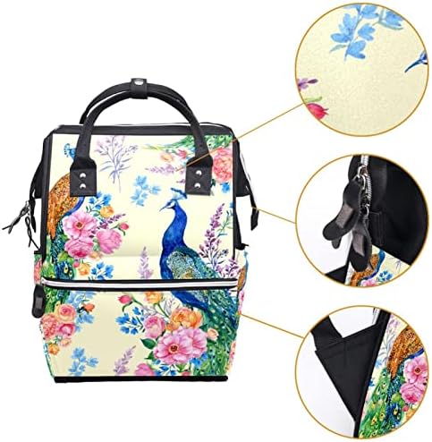 Mochila de viagem Guerotkr, bolsas de fraldas, bolsa de fraldas da mochila, padrão de desenho à mão de pavão de flores
