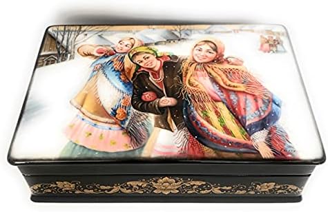 Caixa de jóias decorativas exclusivas em miniatura russa de laca Three Girls. Feito de Papier-Mache Fedoskino.home decor.Handmade na Rússia.