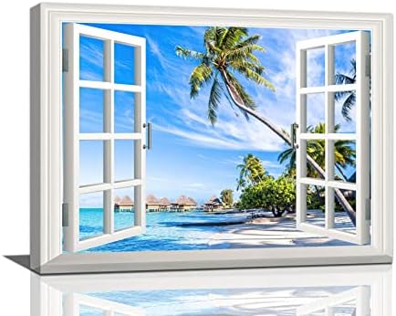 PRIAÇÃO DE PRAIA ARTE Ocean Costeiro Decoração de parede Palm Tree 3d Window Landscape Prints pintando a casa de arte emoldurada em casa moderna para quarto da sala de estar de banheiro 16 x12