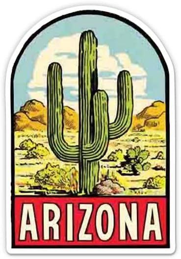 Adesivo do Arizona - adesivo de laptop de 3 - vinil à prova d'água para carro, telefone, garrafa de água - Arizona com Saguaro Vintage Style Decal