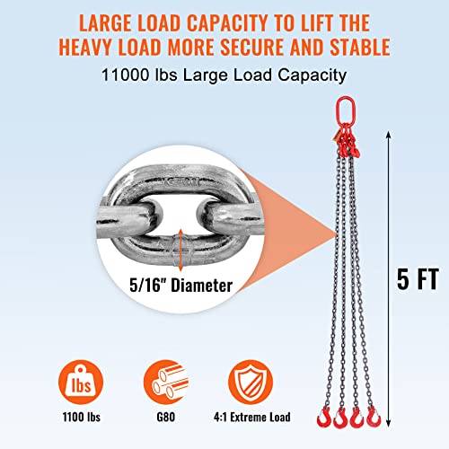 Vevor Chain Sling, 5/16 polegadas x 5 pés de elevação com ganchos, elevadores G80 Motor Chain Leist, 1100 libras de