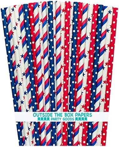 Gretas de papel branco e azul vermelho - 4 de julho de abastecimento patriótico - Stripes Stars Polka Dots - 100 pacote fora da caixa de papéis da caixa