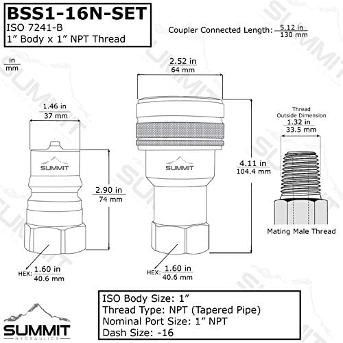 1 ″ NPT ISO 7241-B Aço inoxidável Desconecte rápido Conjunto de acopladores hidráulicos