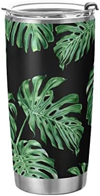 Alaza folhas tropicais folhas de monstera verde em copo escuro com tampas e canudos, copo de copo com isolamento de aço inoxidável