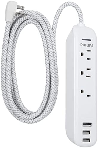 Acessórios Philips 3 Power Protector Power Strip com 3 portas USB, cabo de alimentação trançado de 6 pés de designer, plugue plano, perfeito para decoração de escritório ou casa, 360 Joules, ETL listado, branco, spp3306wb/37