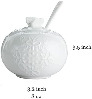 Sizikato White Porcelain Sugar Bowl com tampa e colher de borboleta, 8 onças, flor com gravação em flor