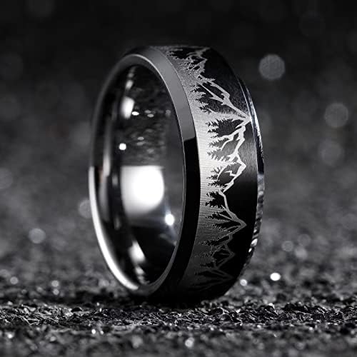 King Will Will Mens 6mm 8mm de 8mm Prata Black Tungstênio Carboneto Anel de Casamento Inclado Bapa Laserada/Paisp Florestal/Panda