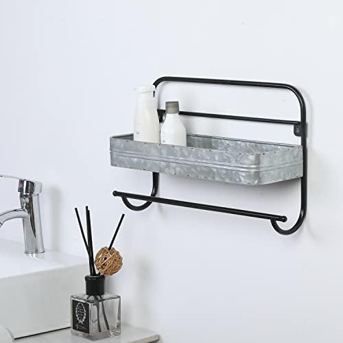 Mygift Silver galvanizada prateleira flutuante de metal e barra de toalha com moldura de metal preto, prateleira de exibição de parede decorativa