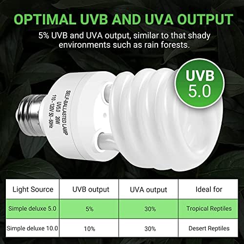 Lâmpada de lâmpada fluorescente de répte de luxo de luxo simples para a floresta tropical de floresta tropical, lagarto, tartaruga, UVB 5.0, 26W White